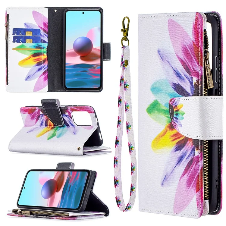 Для Xiaomi Redmi Note 10 4G / Redmi Note 10S 4G / Poco M5s 4G BF03 Pattern Printing Zipper Wallet Leather Cover Case - Colorful Flower