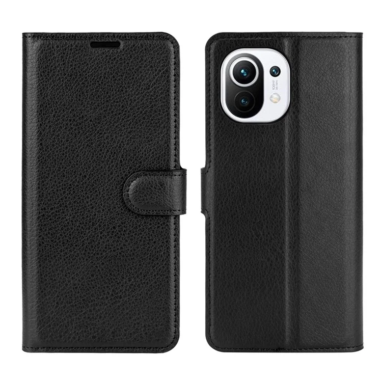 Étui portefeuille en cuir à texture de litchi avec support pour Xiaomi Mi 11 - Noir