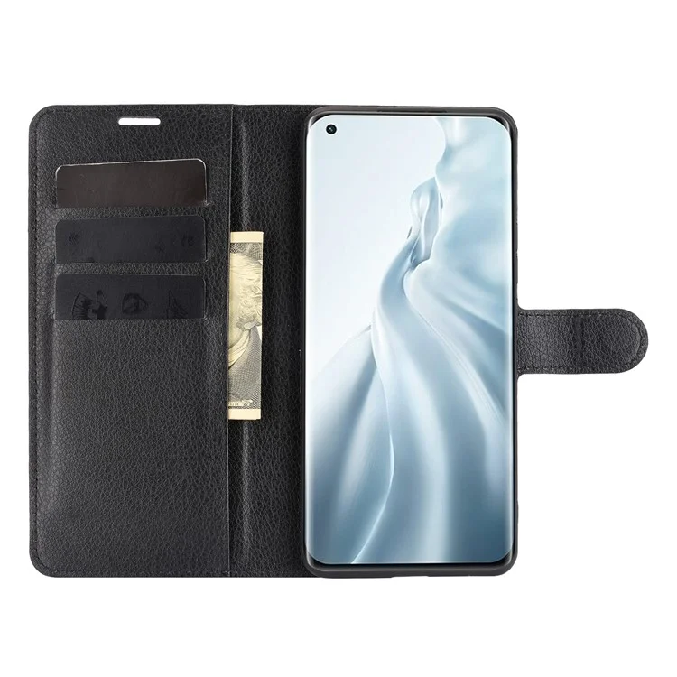 Étui portefeuille en cuir à texture de litchi avec support pour Xiaomi Mi 11 - Noir