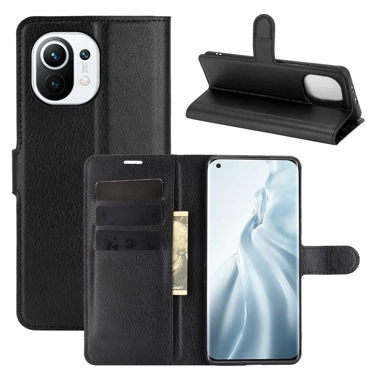 Étui portefeuille en cuir à texture de litchi avec support pour Xiaomi Mi 11 - Noir