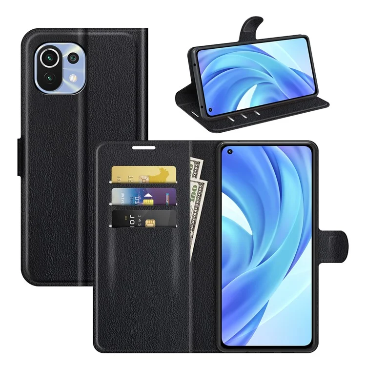 Folio Flip Litchi Skin Wallet Stand Leather Case for Xiaomi Mi 11 Lite 4G / 5G / 11 Lite 5G NE Mobile Phone Cover - Black