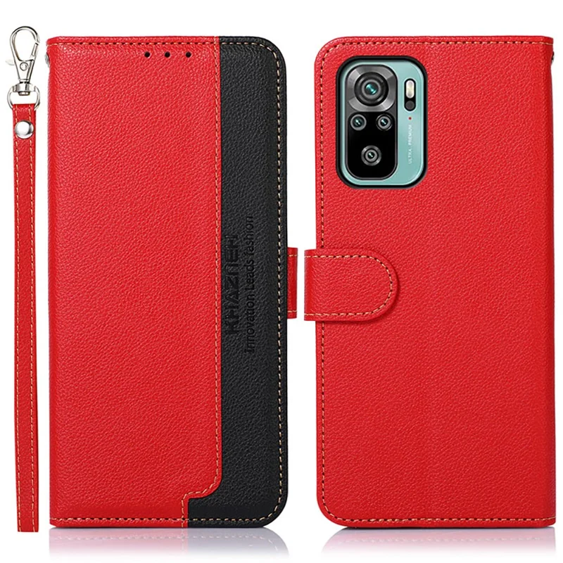 KHAZNEH for Xiaomi Redmi Note 10 4G / Redmi Note 10S 4G / Poco M5s 4G Litchi Skin Design RFID Anti-theft Swiping Function Leather Phone Case Cover - Red