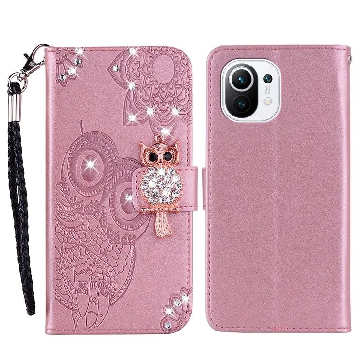 Portefeuille en cuir avec décoration de strass à imprimé hibou pour Xiaomi Mi 11 - Or rose