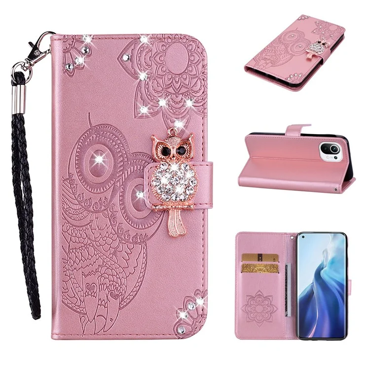 Portefeuille en cuir avec décoration de strass à imprimé hibou pour Xiaomi Mi 11 - Or rose
