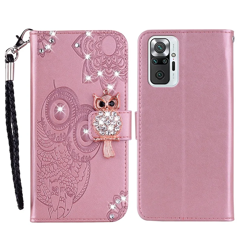 Imprint Owl Pattern Rhinestone Decor Wallet Leather Phone Case Cover for Xiaomi Redmi Note 10 Pro - Rose Gold