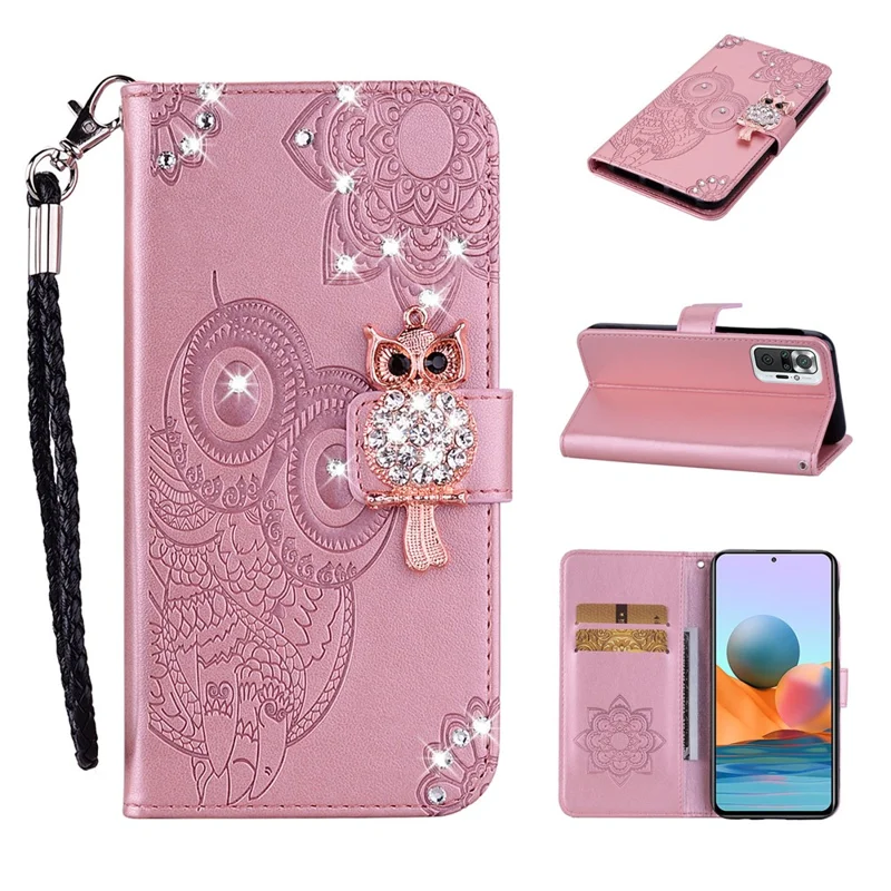 Imprint Owl Pattern Rhinestone Decor Wallet Leather Phone Case Cover for Xiaomi Redmi Note 10 Pro - Rose Gold