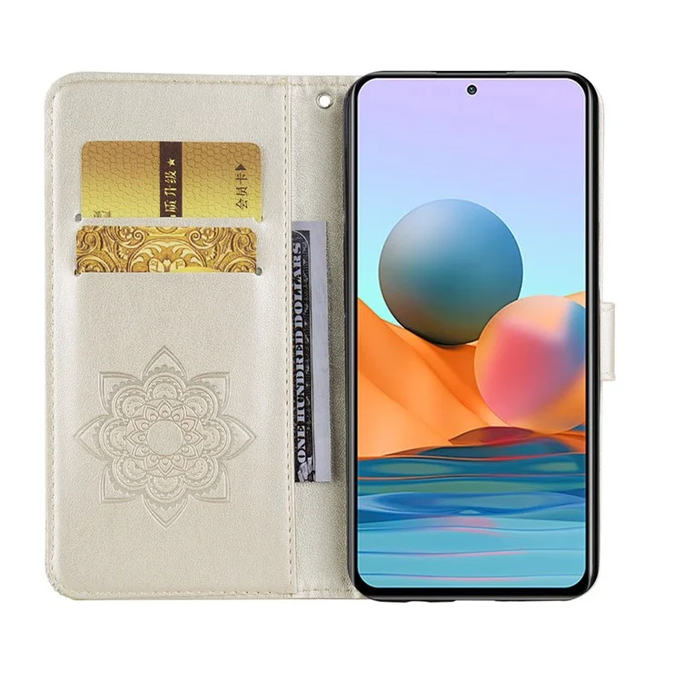 Imprinted Owl & Flower Pattern Leather Wallet Stand Phone Case for Xiaomi Redmi Note 10 Pro - Gold