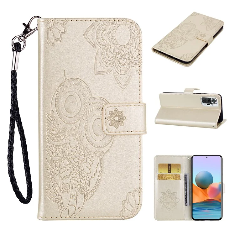 Imprinted Owl & Flower Pattern Leather Wallet Stand Phone Case for Xiaomi Redmi Note 10 Pro - Gold