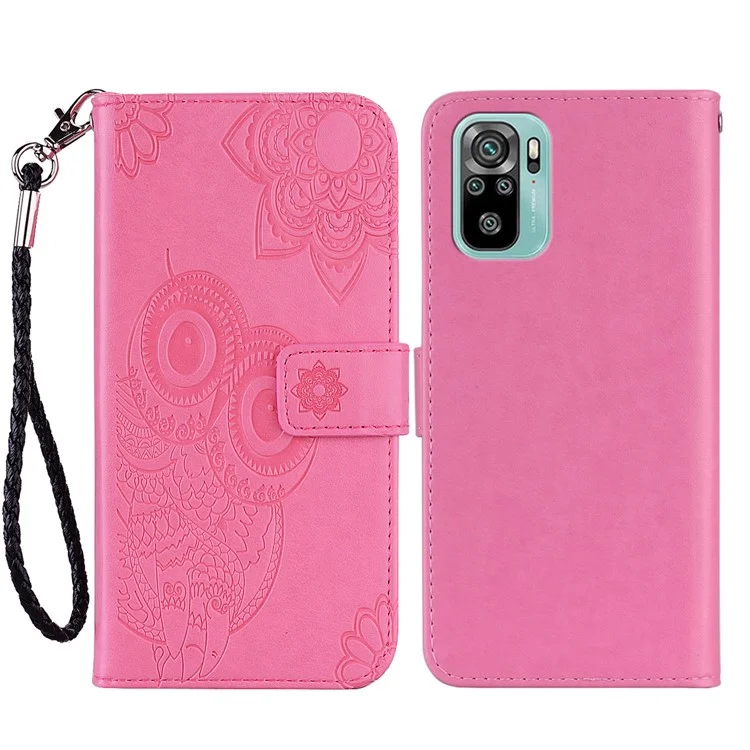 For Xiaomi Redmi Note 10 4G / Note 10S 4G / Poco M5s 4G Owl & Flower Imprinted Leather Wallet Stand Phone Case - Rose