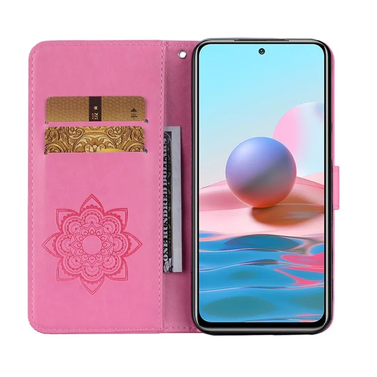 For Xiaomi Redmi Note 10 4G / Note 10S 4G / Poco M5s 4G Owl & Flower Imprinted Leather Wallet Stand Phone Case - Rose