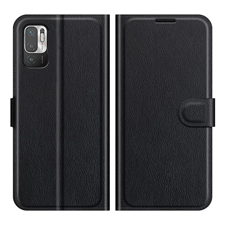 Wallet Design Folio Flip Litchi Texture Leather Phone Case with Stand for Xiaomi Redmi Note 10 5G/Poco M3 Pro 5G/4G - Black