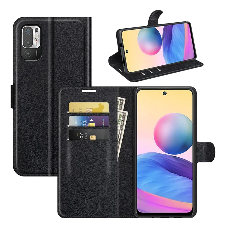 Wallet Design Folio Flip Litchi Texture Leather Phone Case with Stand for Xiaomi Redmi Note 10 5G/Poco M3 Pro 5G/4G - Black