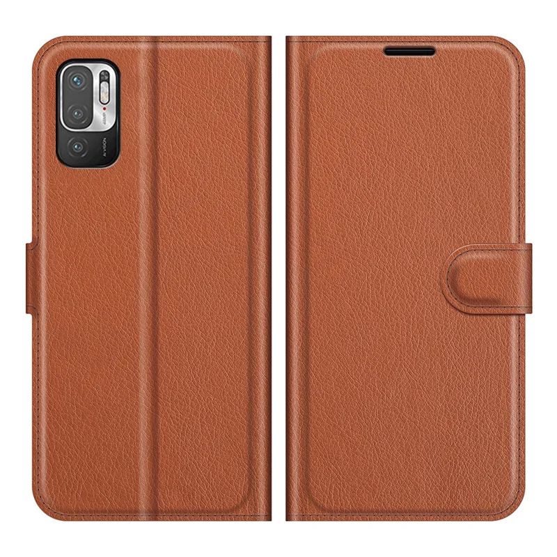 Wallet Design Folio Flip Litchi Texture Leather Phone Case with Stand for Xiaomi Redmi Note 10 5G/Poco M3 Pro 5G/4G - Brown