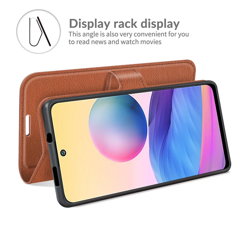 Wallet Design Folio Flip Litchi Texture Leather Phone Case with Stand for Xiaomi Redmi Note 10 5G/Poco M3 Pro 5G/4G - Brown