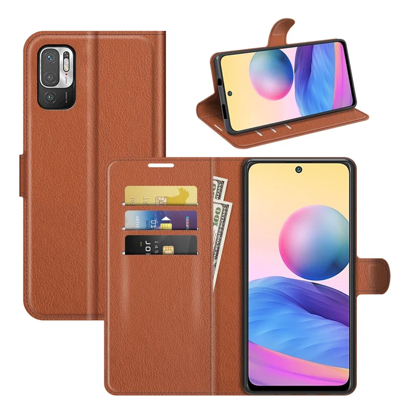 Wallet Design Folio Flip Litchi Texture Leather Phone Case with Stand for Xiaomi Redmi Note 10 5G/Poco M3 Pro 5G/4G - Brown