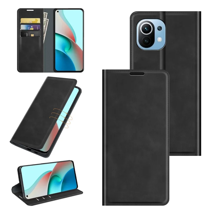 Auto-absorbierter Leder-Berührungsfolio-Klapphülle mit Schutzgehäuse und Geldbörsenständer für Xiaomi Mi 11 Lite 4G / 5G / 11 Lite 5G NE - Schwarz