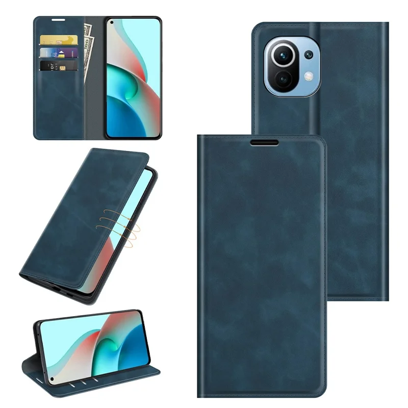 Auto-Absorbed Skin-touch Leather Folio Flip Cover Protective Case with Wallet Stand for Xiaomi Mi 11 Lite 4G / 5G / 11 Lite 5G NE - Blue