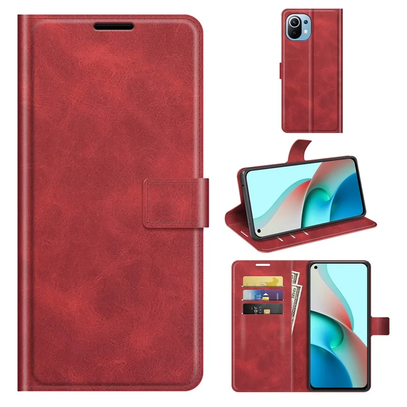 For Xiaomi Mi 11 Lite 4G / 5G / 11 Lite 5G NE Magnetic Clasp Leather Mobile Phone Case Wallet Stand Cover - Red