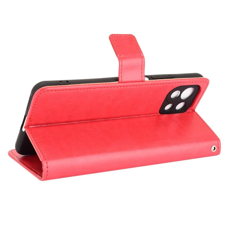 Crazy Horse Skin with Wallet Stand Leather Shell with Strap for Xiaomi Mi 11 Lite 4G / 5G / 11 Lite 5G NE - Red