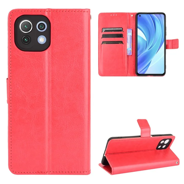 Crazy Horse Skin with Wallet Stand Leather Shell with Strap for Xiaomi Mi 11 Lite 4G / 5G / 11 Lite 5G NE - Red