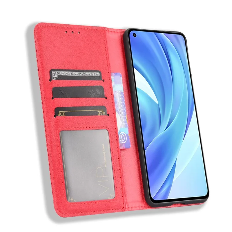 Carteira magnética de estilo vintage, suporte para telefone e capa para Xiaomi Mi 11 Lite 4G / 5G / 11 Lite 5G NE - Vermelho