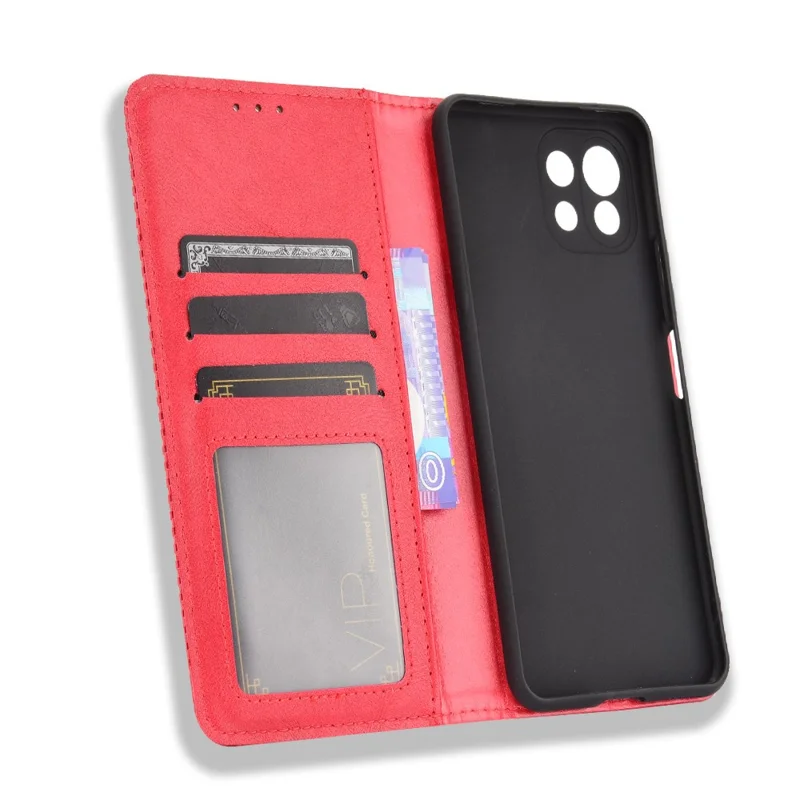 Carteira magnética de estilo vintage, suporte para telefone e capa para Xiaomi Mi 11 Lite 4G / 5G / 11 Lite 5G NE - Vermelho