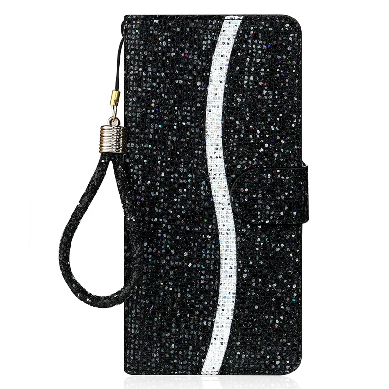 Wallet Stand Design Glittery Powder Splicing Leather Case for Xiaomi Redmi Note 10 Pro - Black