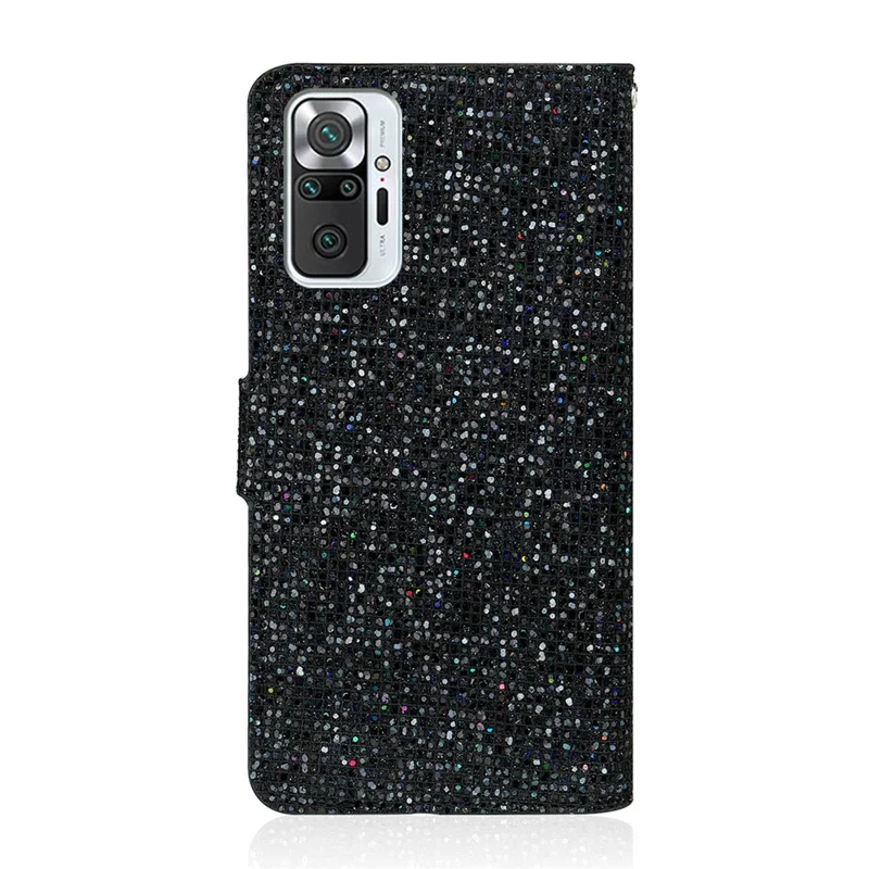 Wallet Stand Design Glittery Powder Splicing Leather Case for Xiaomi Redmi Note 10 Pro - Black