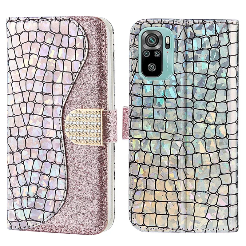 Carteira de Couro com Escama de Crocodilo Prateada e Brilhante para Xiaomi Redmi Note 10 4G / Redmi Note 10S / Poco M5s 4G - Rose Gold