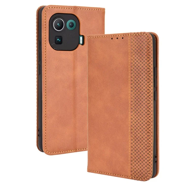 Capa Carteira de Telefone Estilo Vintage com Suporte e Fechamento Magnético de Couro para Xiaomi Mi 11 Pro - Marrom