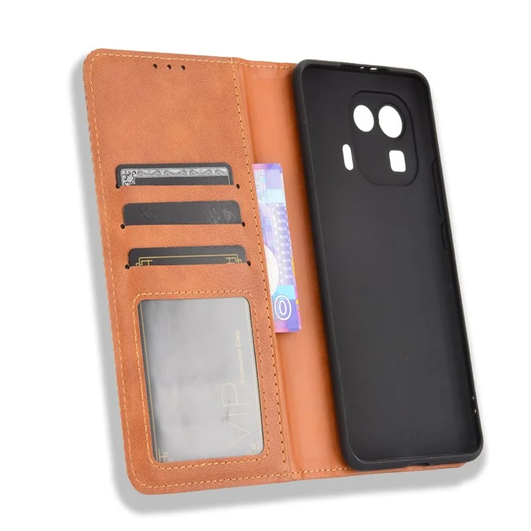 Capa Carteira de Telefone Estilo Vintage com Suporte e Fechamento Magnético de Couro para Xiaomi Mi 11 Pro - Marrom