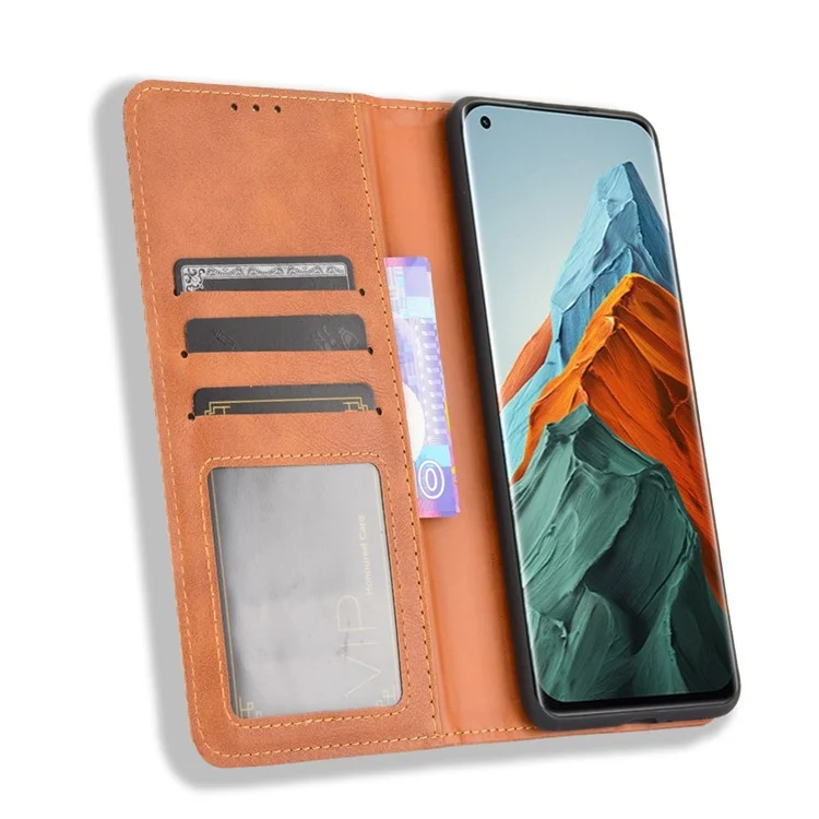 Capa Carteira de Telefone Estilo Vintage com Suporte e Fechamento Magnético de Couro para Xiaomi Mi 11 Pro - Marrom
