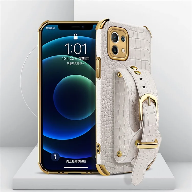 6D Electroplated Crocodile Texture Kickstand Design PU Leather Coated TPU Phone Case with Hand Band Strap for Xiaomi Mi 11 Lite 4G / 5G / 11 Lite 5G NE - White