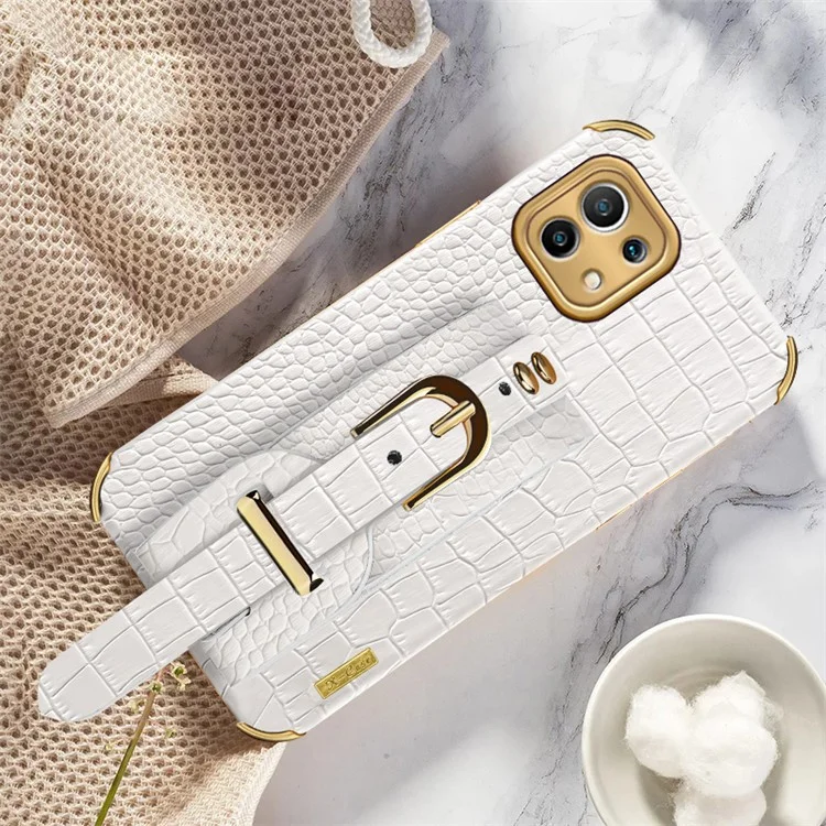 6D Electroplated Crocodile Texture Kickstand Design PU Leather Coated TPU Phone Case with Hand Band Strap for Xiaomi Mi 11 Lite 4G / 5G / 11 Lite 5G NE - White