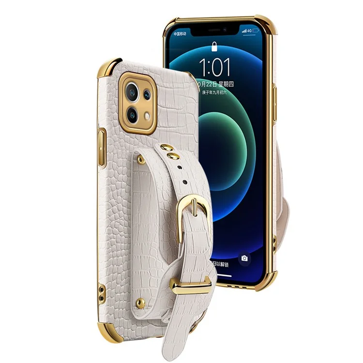 6D Electroplated Crocodile Texture Kickstand Design PU Leather Coated TPU Phone Case with Hand Band Strap for Xiaomi Mi 11 Lite 4G / 5G / 11 Lite 5G NE - White