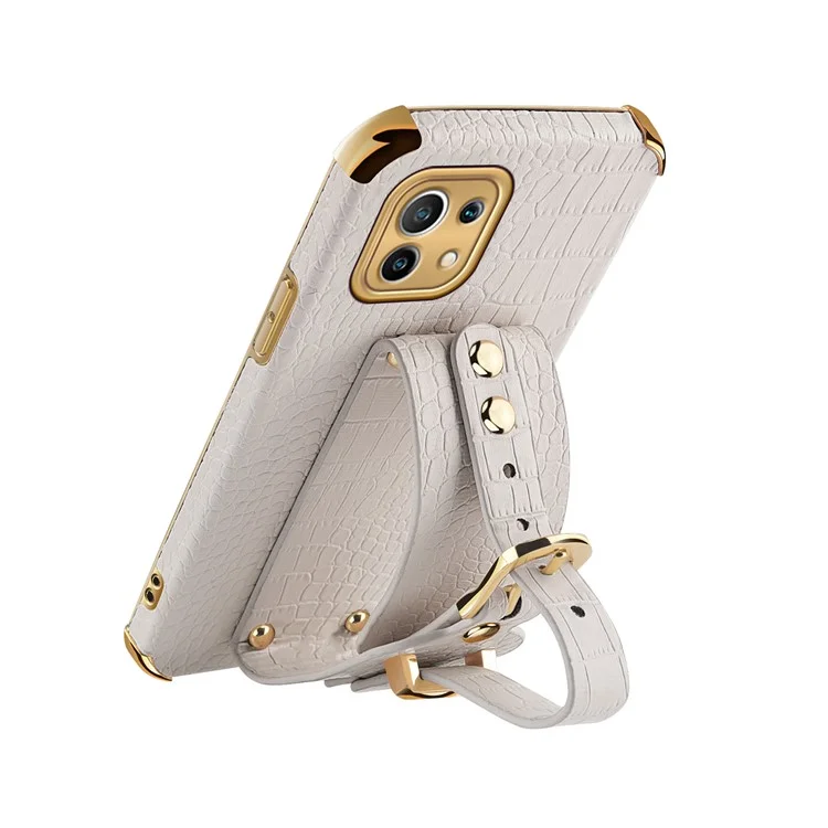 6D Electroplated Crocodile Texture Kickstand Design PU Leather Coated TPU Phone Case with Hand Band Strap for Xiaomi Mi 11 Lite 4G / 5G / 11 Lite 5G NE - White