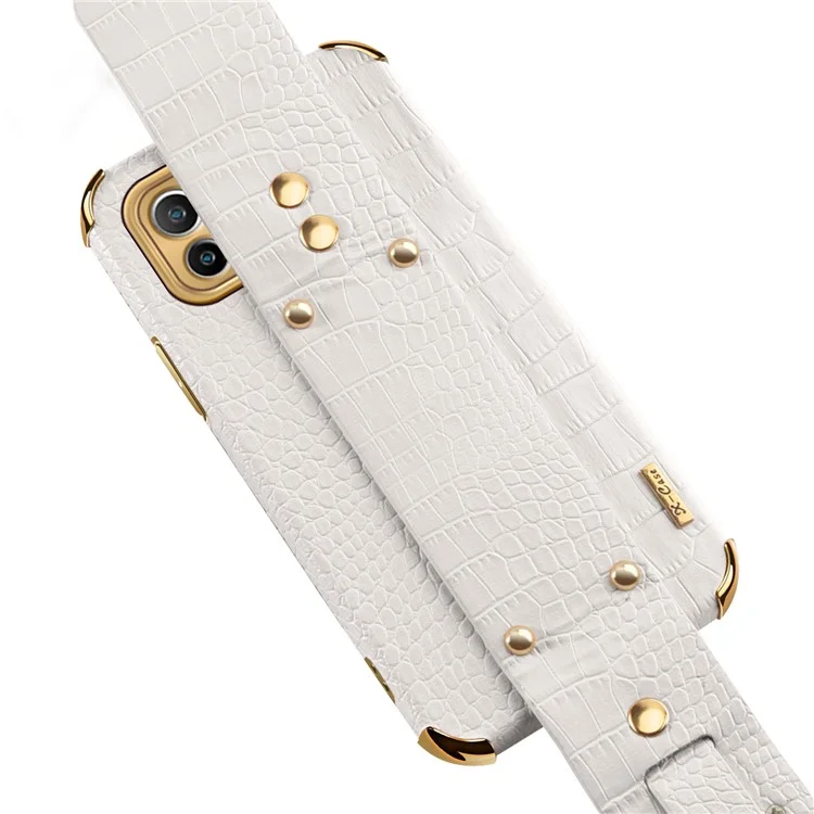 6D Electroplated Crocodile Texture Kickstand Design PU Leather Coated TPU Phone Case with Hand Band Strap for Xiaomi Mi 11 Lite 4G / 5G / 11 Lite 5G NE - White