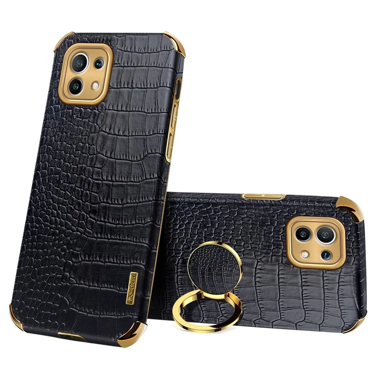 Electroplaste Crocodile Texture PU le Cuir en Cuir Enduit TPU Couvercle de Téléphone Découpé Précis Avec Porte-anneau Pour Xiaomi Mi 11 Lite 4G / 5g / 11 Lite 5G NE - le Noir