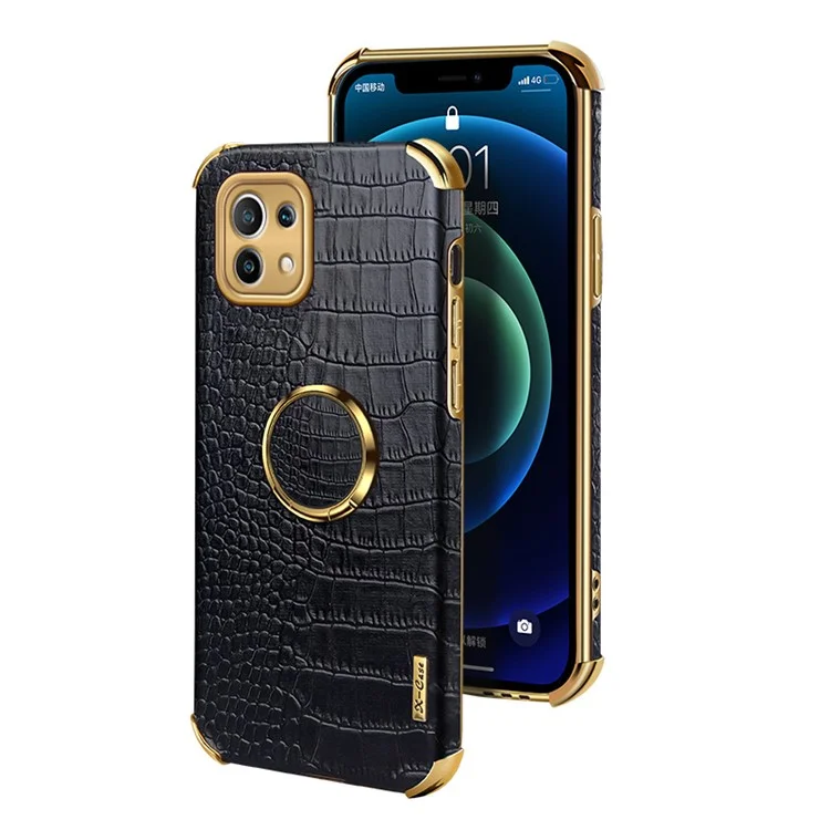 Electroplaste Crocodile Texture PU le Cuir en Cuir Enduit TPU Couvercle de Téléphone Découpé Précis Avec Porte-anneau Pour Xiaomi Mi 11 Lite 4G / 5g / 11 Lite 5G NE - le Noir