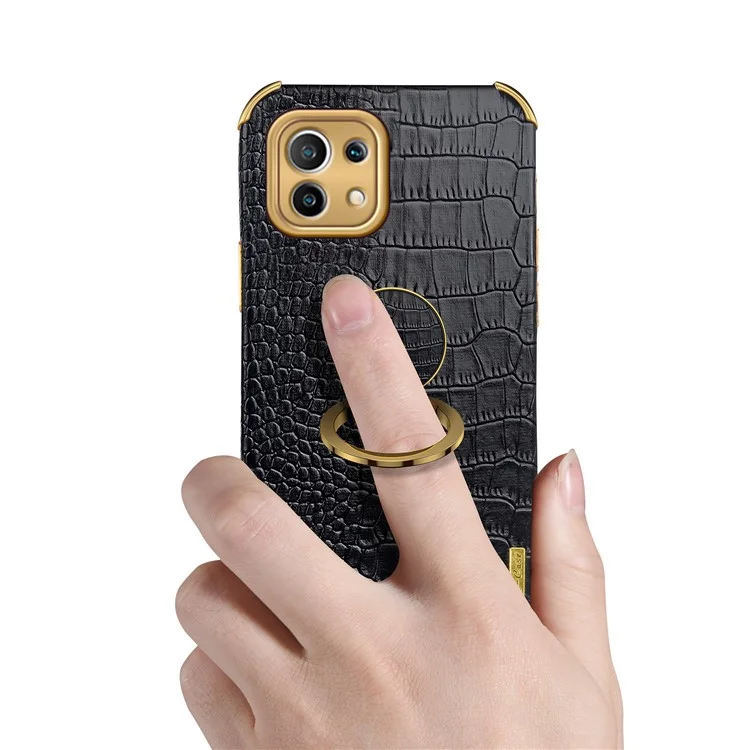 Electroplaste Crocodile Texture PU le Cuir en Cuir Enduit TPU Couvercle de Téléphone Découpé Précis Avec Porte-anneau Pour Xiaomi Mi 11 Lite 4G / 5g / 11 Lite 5G NE - le Noir