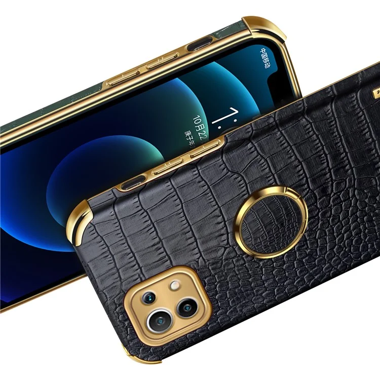 Electroplaste Crocodile Texture PU le Cuir en Cuir Enduit TPU Couvercle de Téléphone Découpé Précis Avec Porte-anneau Pour Xiaomi Mi 11 Lite 4G / 5g / 11 Lite 5G NE - le Noir