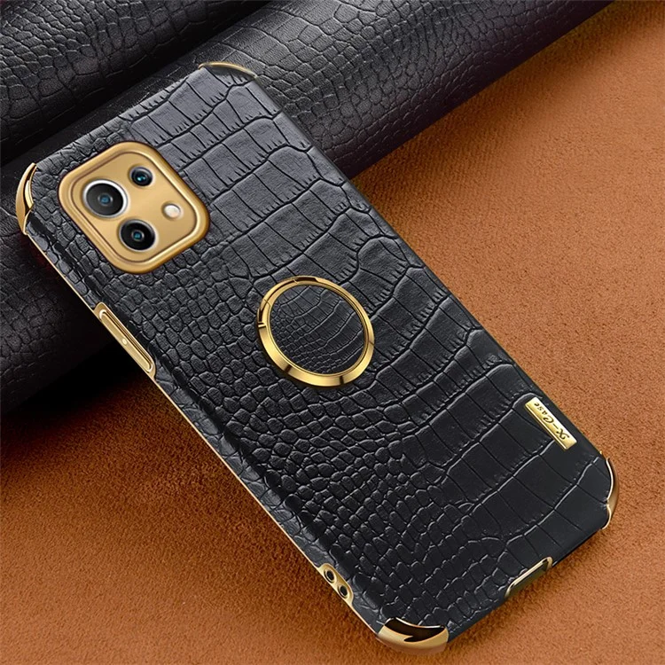 Electroplaste Crocodile Texture PU le Cuir en Cuir Enduit TPU Couvercle de Téléphone Découpé Précis Avec Porte-anneau Pour Xiaomi Mi 11 Lite 4G / 5g / 11 Lite 5G NE - le Noir