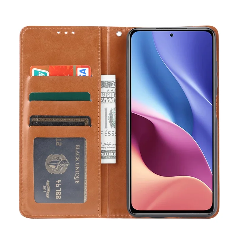Automatisch Absorbiertes Außenkartenschlitz-brieftaschenstand Leder-protektor-telefonabdeckung Für Xiaomi Redmi K40/Redmi K40 Pro/Mi 11i/Poco F3 - Braun