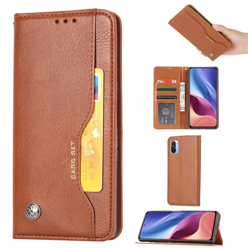 Automatisch Absorbiertes Außenkartenschlitz-brieftaschenstand Leder-protektor-telefonabdeckung Für Xiaomi Redmi K40/Redmi K40 Pro/Mi 11i/Poco F3 - Braun