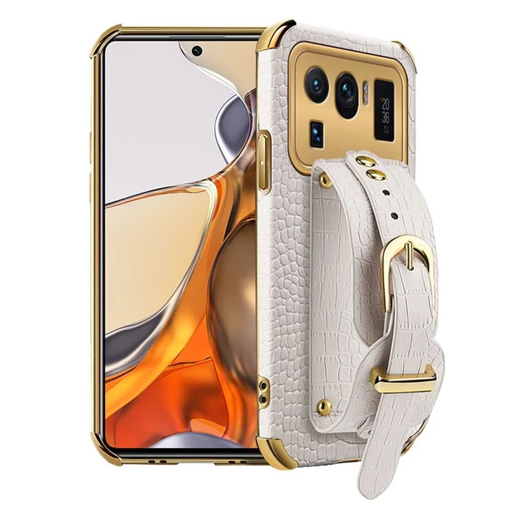 6D Electroplated Crocodile Texture Wrist Strap Design PU Leather Coated TPU Phone Case for Xiaomi Mi 11 Ultra Protection Cover - White