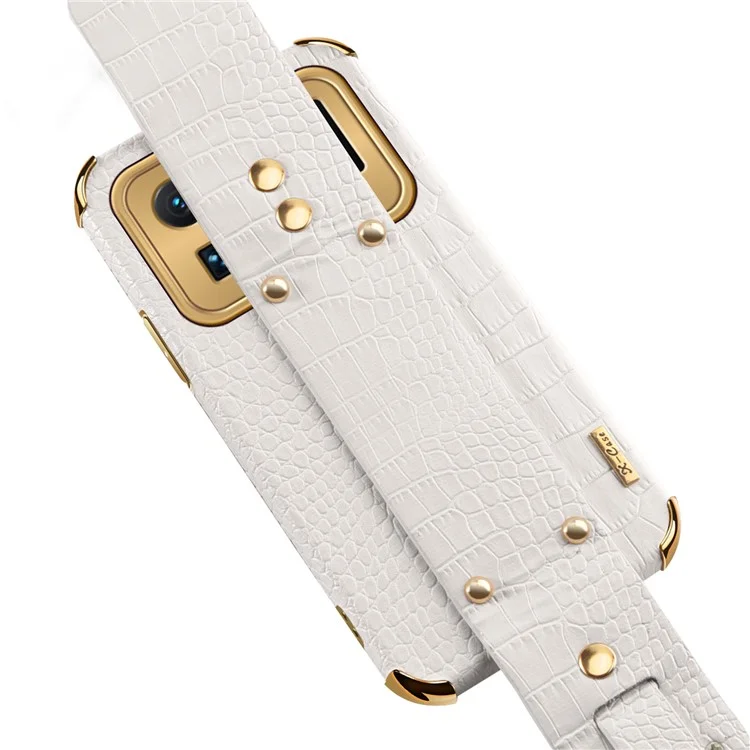 6D Electroplated Crocodile Texture Wrist Strap Design PU Leather Coated TPU Phone Case for Xiaomi Mi 11 Ultra Protection Cover - White