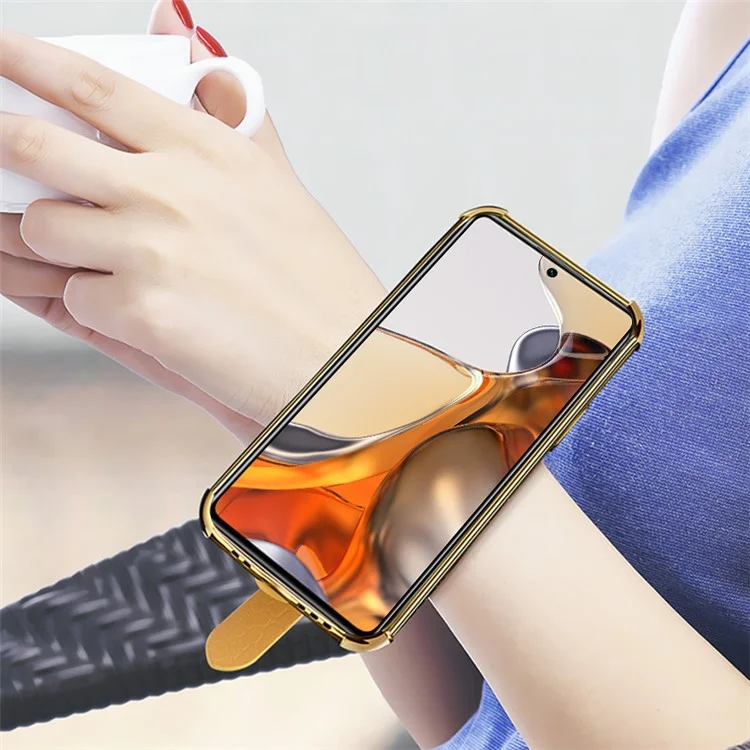 6D Electroplated Crocodile Texture Wrist Strap Design PU Leather Coated TPU Phone Case for Xiaomi Mi 11 Ultra Protection Cover - White