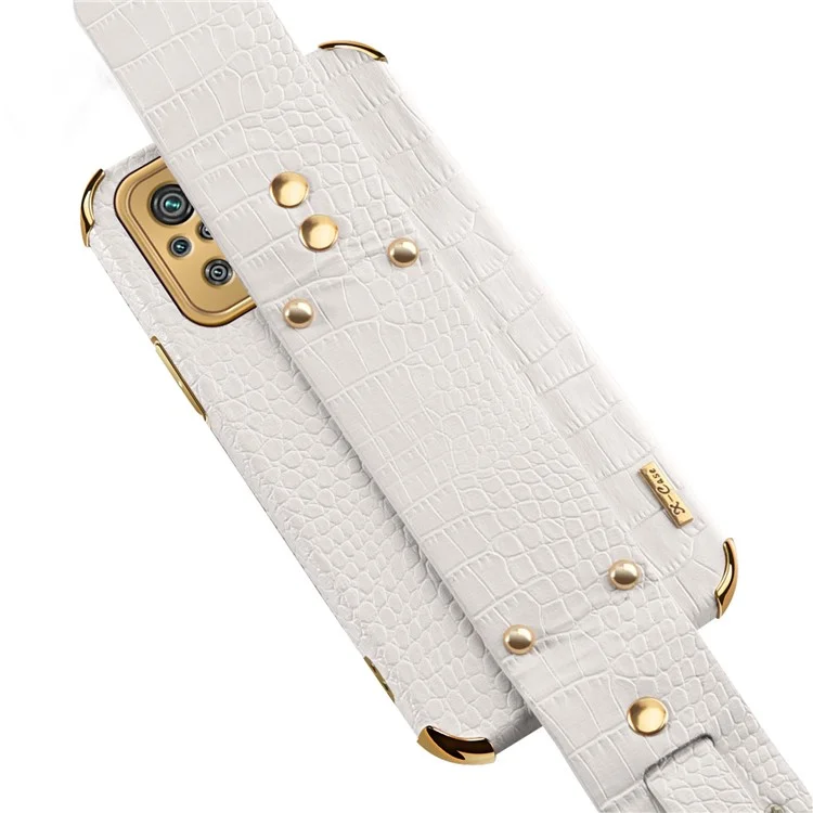 6D Electroplated Wrist Strap Design Crocodile Texture PU Leather Coated TPU Hybrid Phone Cover Case for Xiaomi Redmi Note 10 4G / Note 10S / Poco M5s 4G - White