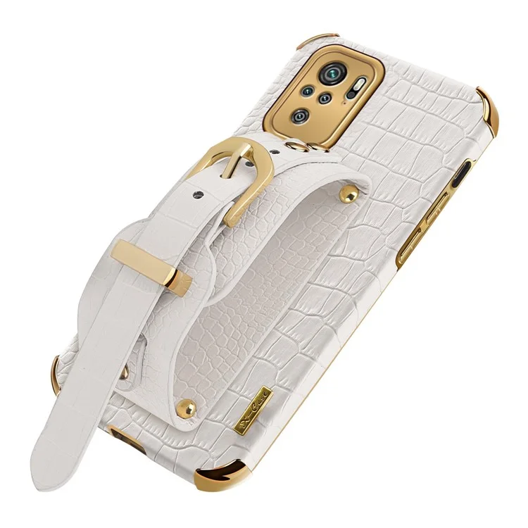 6D Electroplated Wrist Strap Design Crocodile Texture PU Leather Coated TPU Hybrid Phone Cover Case for Xiaomi Redmi Note 10 4G / Note 10S / Poco M5s 4G - White