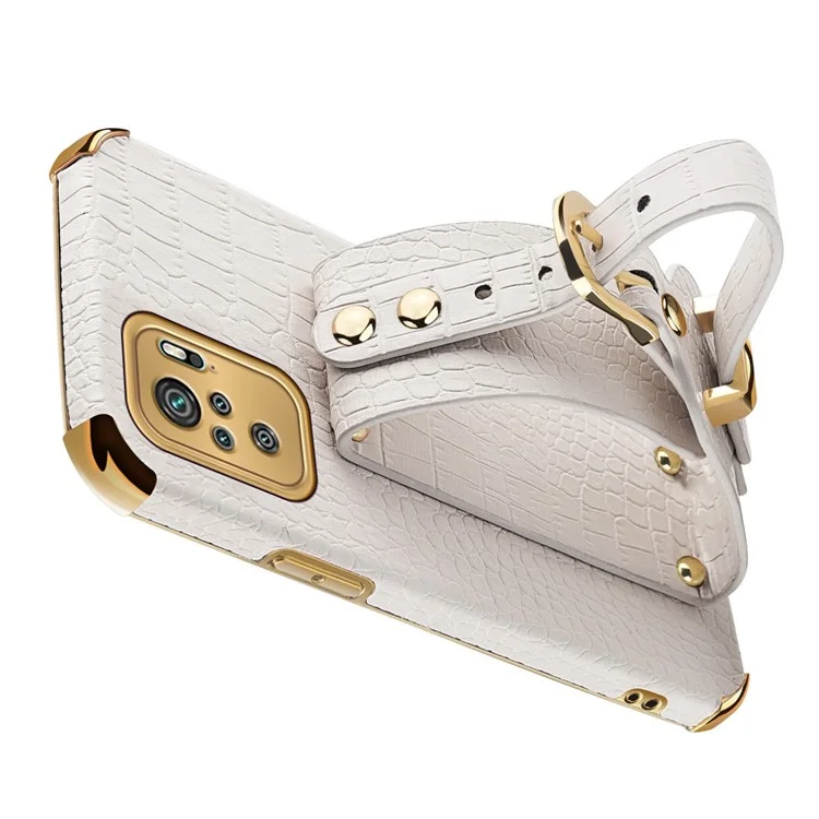 6D Electroplated Wrist Strap Design Crocodile Texture PU Leather Coated TPU Hybrid Phone Cover Case for Xiaomi Redmi Note 10 4G / Note 10S / Poco M5s 4G - White